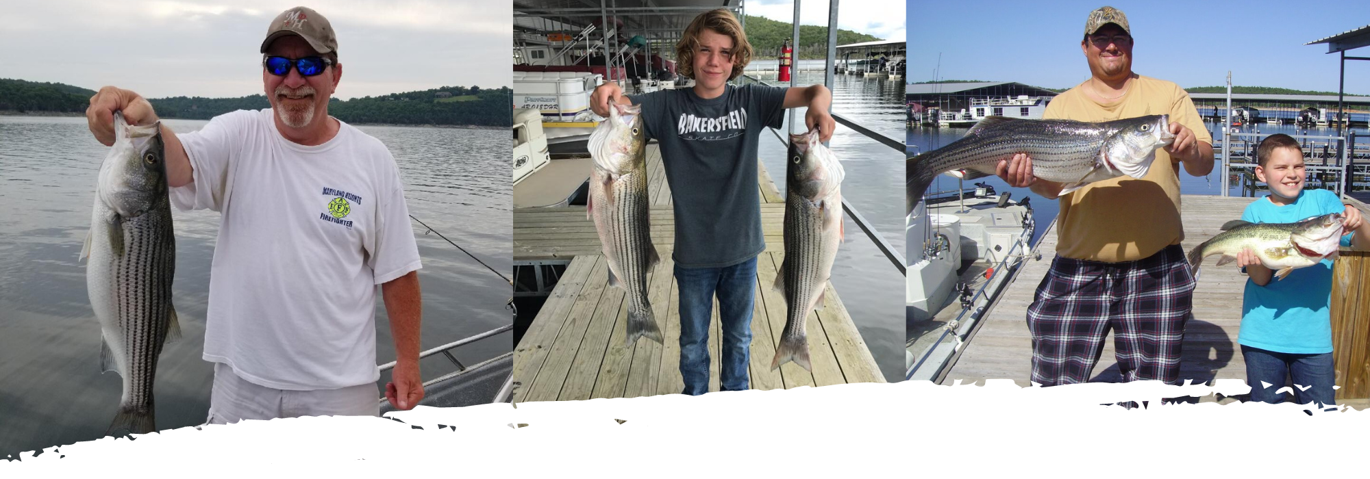 collage of fisherman holding their striper at norfork lake